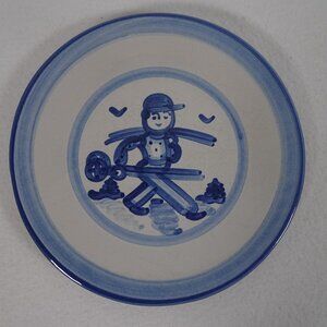 M A Hadley Pottery Stoneware Plate Skier Ski Skiing Blue Dinner Plate 9" Vintage